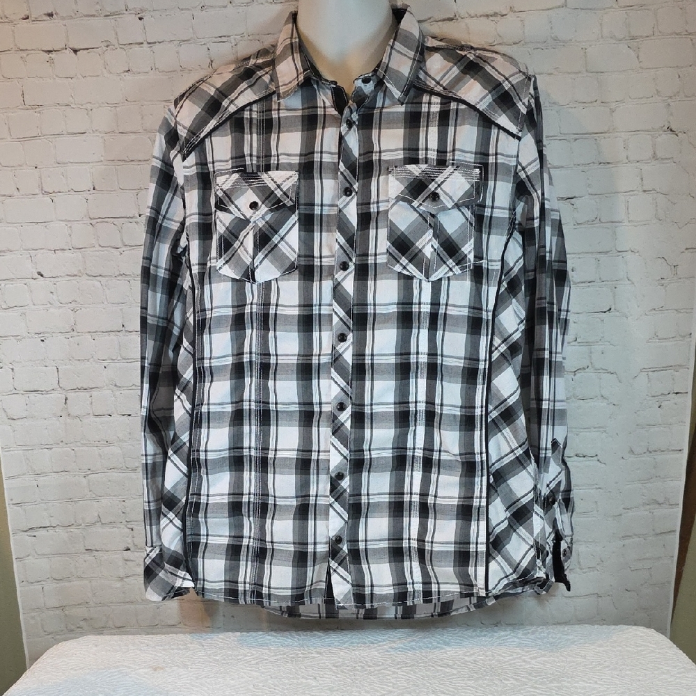 BKE Men's Pearl Snap Button Up Shirt Plaid Black Gray White Athletic Fit‎ L